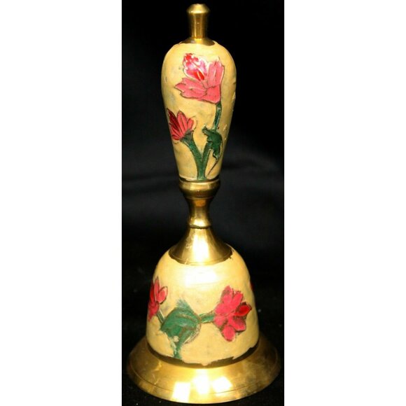 Metal Golden Brass Hand Bell Cream Enameled Pink Red Floral Pattern - Picture 2 of 12